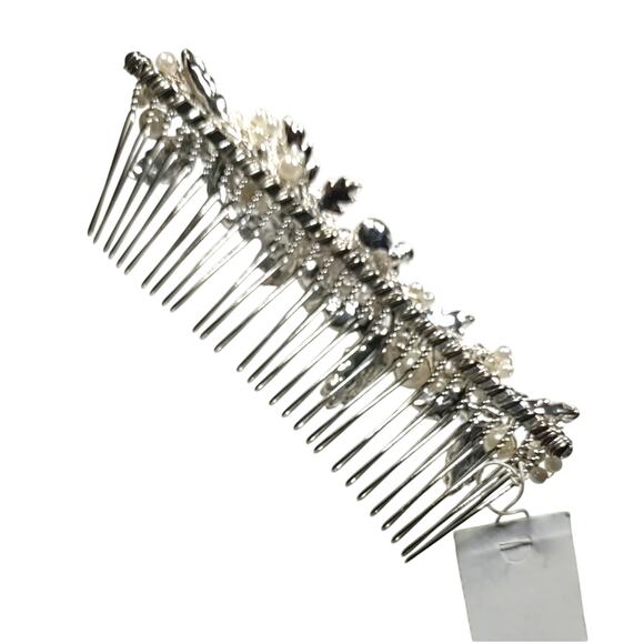 Hair Comb Silver Tone Faux Pearl Beads Rhinestone Floral... - Picture 5 of 8